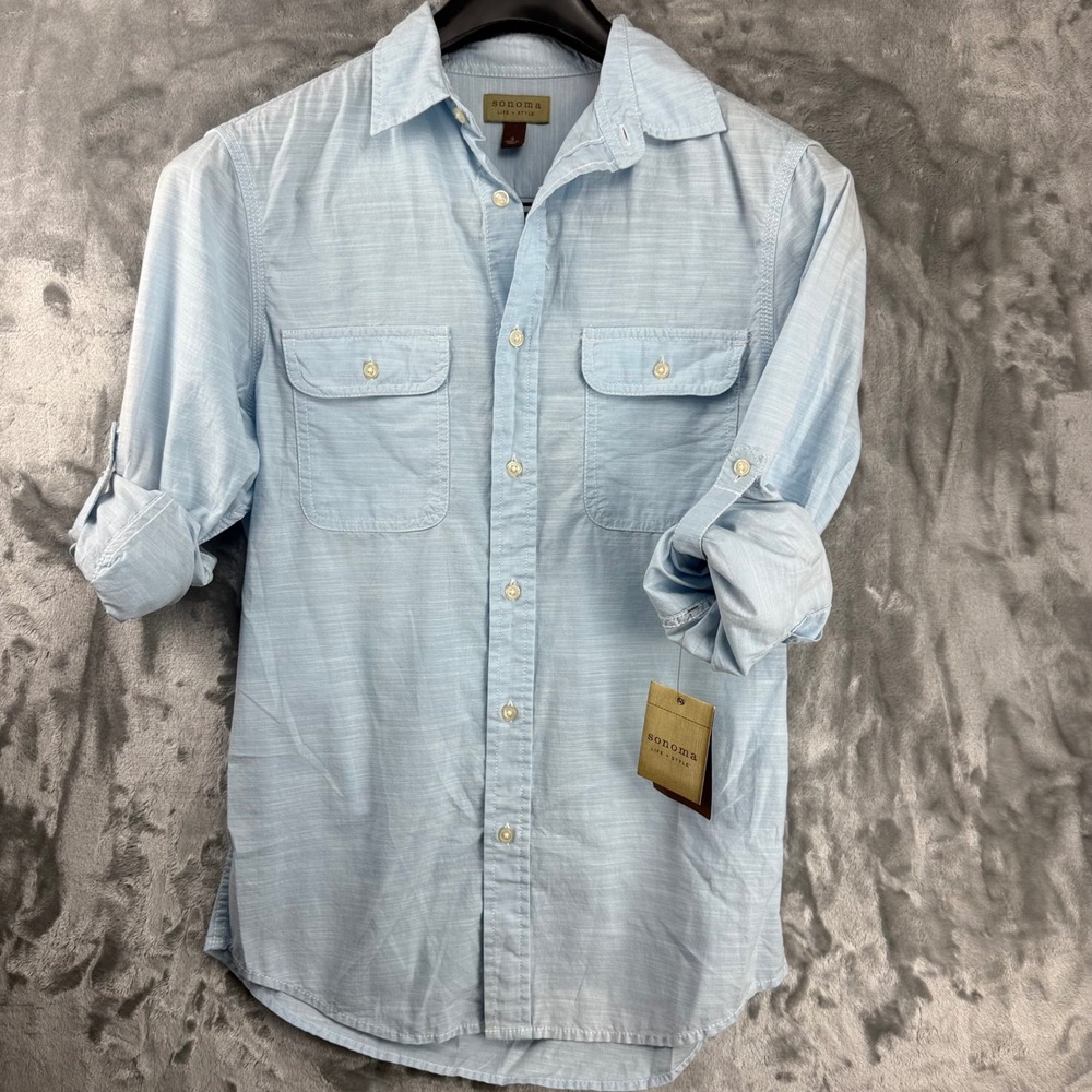Sonoma Life Style Womens Small Light Blue Cotton Button Down Roll Tab Shirt NWT